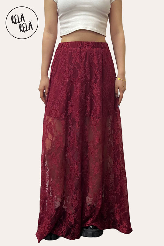 Elegant Sheer Patterned Lace Maxi Skirt in Burgundy