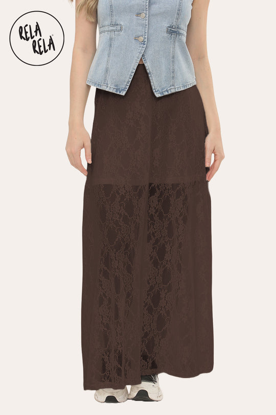 Elegant Sheer Patterned Lace Maxi Skirt in Chocolate