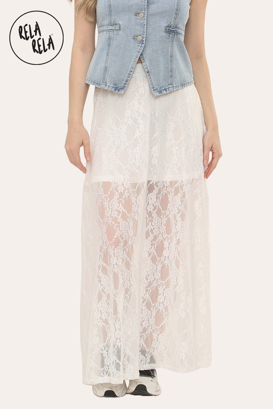 Elegant Sheer Patterned Lace Maxi Skirt in White