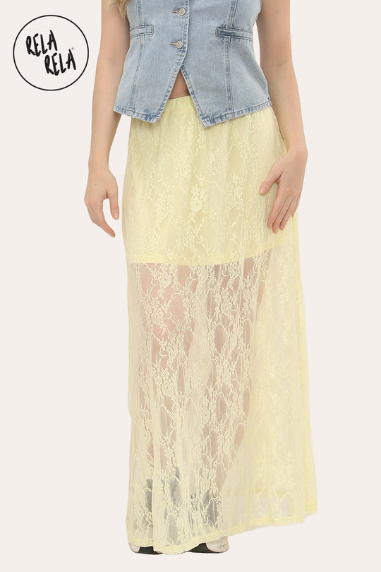 Elegant Sheer Patterned Lace Maxi Skirt in Yellow