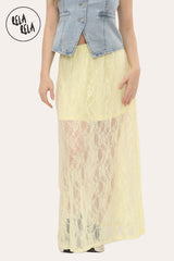 Yellow lace maxi skirt with sheer patterned lace detail
