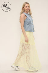 Side model view of elegant sheer white lace skirt for women