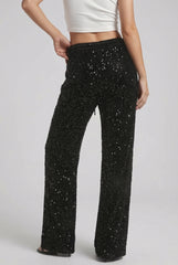 Back model view of black sparkling sequin trousers with an elasticated waistband and wide-leg silhouette.