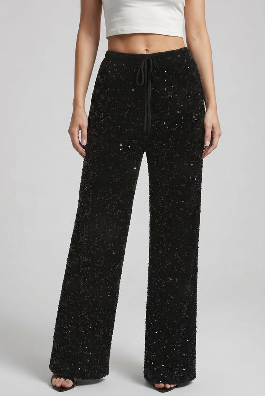 Sparkling Sequin Trousers with Elasticated Waistband in Black