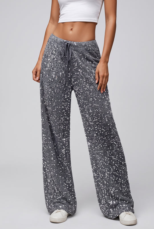 Sparkling Sequin Trousers with Elasticated Waistband in Grey