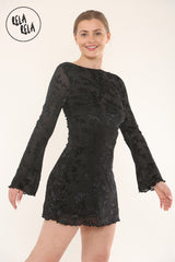 Bell Sleeve Devore Mini Dress Womens Holiday Dress Going Out Dress in Black