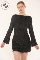 Bell Sleeve Devore Mini Dress Womens Holiday Dress Going Out Dress in Black