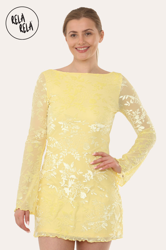 Bell Sleeve Devore Mini Dress Womens Holiday Dress Going Out Dress in Yellow