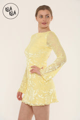 Bell Sleeve Devore Mini Dress Womens Holiday Dress Going Out Dress in Yellow