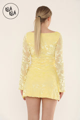 Bell Sleeve Devore Mini Dress Womens Holiday Dress Going Out Dress in Yellow