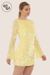 Bell Sleeve Devore Mini Dress Womens Holiday Dress Going Out Dress in Yellow