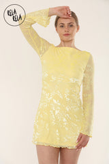 Bell Sleeve Devore Mini Dress Womens Holiday Dress Going Out Dress in Yellow