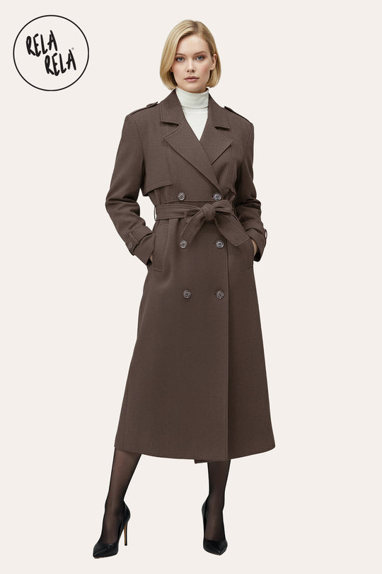 Faux Suede Double-Breasted Belted Midi Trench Coat