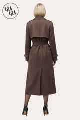 Faux Suede Double-Breasted Belted Midi Trench Coat