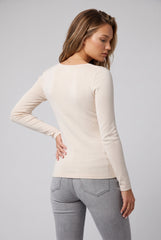 Back model view of the cream ribbed long sleeve top.