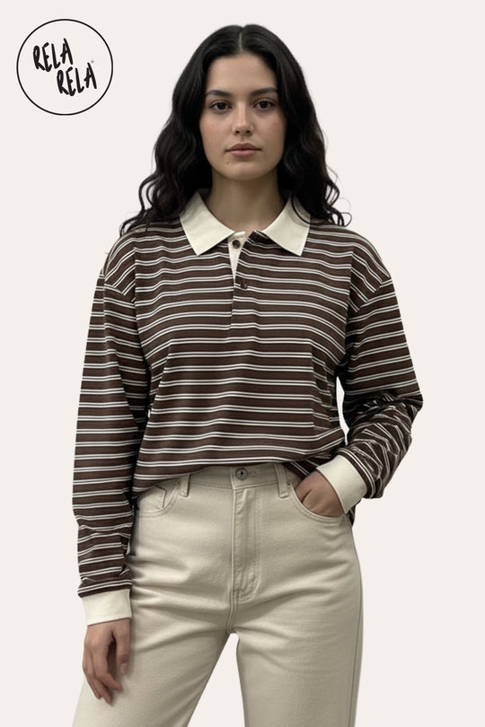 Classic Brown Pinstripe Long Sleeve Polo Shirt
