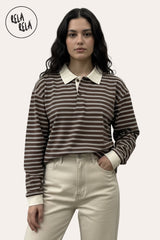 Front View of Model Wearing Classic Brown Pinstripe Long Sleeve Polo Shirt 