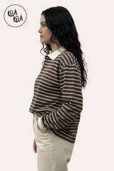Side View of Model Wearing Classic Brown Pinstripe Long Sleeve Polo Shirt 