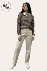 Model Wearing Classic Brown Pinstripe Long Sleeve Polo Shirt 