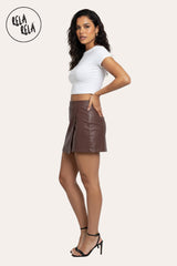 Side angle of asymmetric front PU leather skorts in chocolate