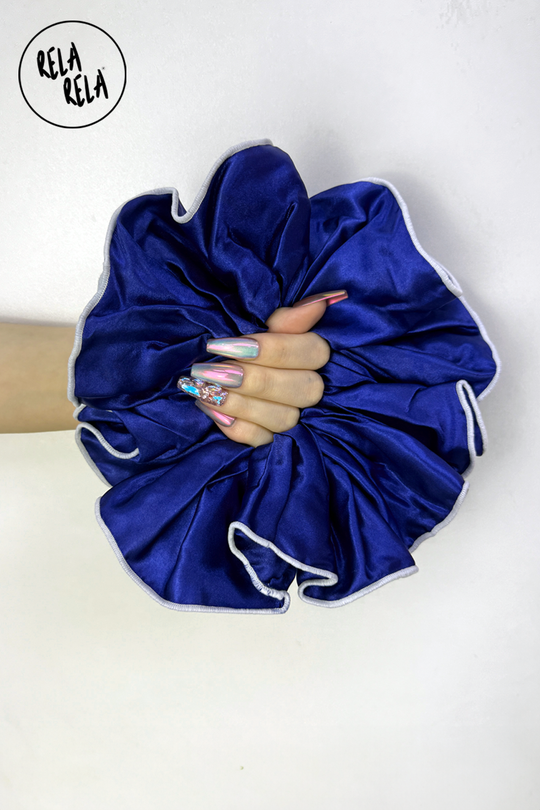 XXL Large Satin Hair Scrunchies with Contrast Stitching in Navy