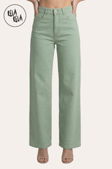 Front View of Viral Stretchy High-Waist Straight Wide Leg Jeans in Sage Green