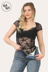 Capped Sleeve Lace Bodysuit in Black