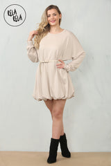Belted Bubble Hem Mini Dress in Beige