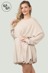 Belted Bubble Hem Mini Dress in Beige
