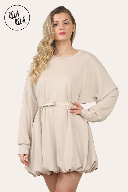 Belted Bubble Hem Mini Dress in Beige