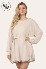 Belted Bubble Hem Mini Dress in Beige