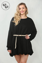 Belted Bubble Hem Mini Dress in Black