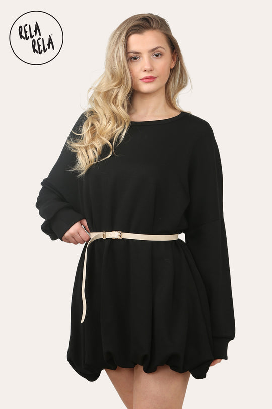 Belted Bubble Hem Mini Dress in Black