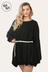 Belted Bubble Hem Mini Dress in Black