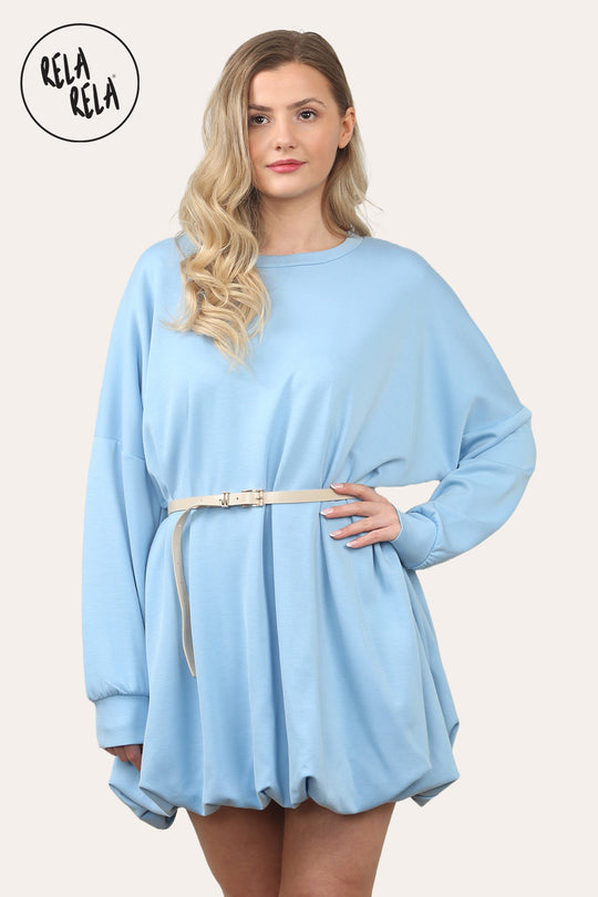 Belted Bubble Hem Mini Dress in Blue