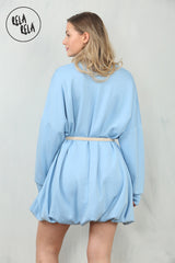 Belted Bubble Hem Mini Dress in Blue