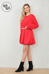 Belted Bubble Hem Mini Dress in Red