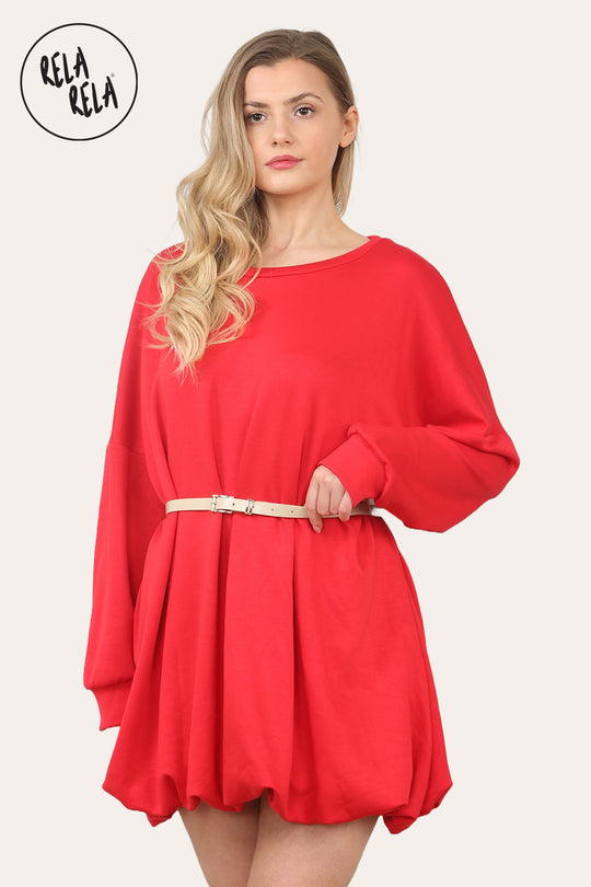 Belted Bubble Hem Mini Dress in Red
