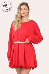 Belted Bubble Hem Mini Dress in Red