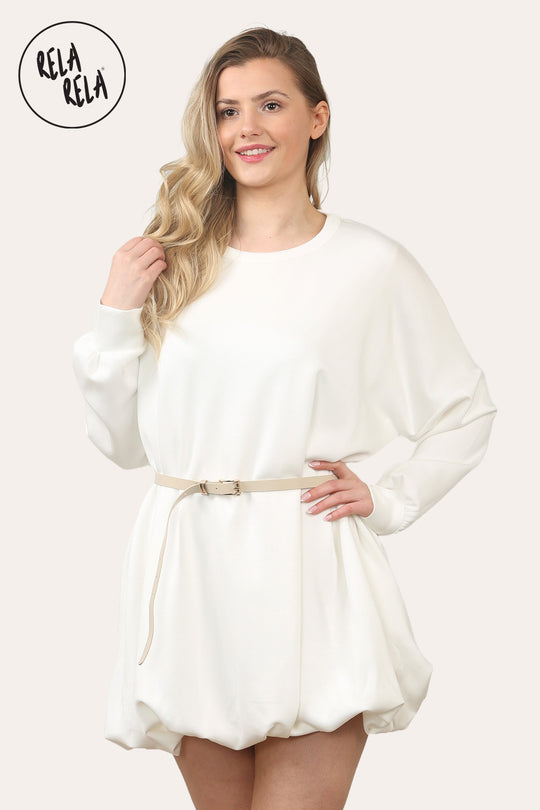 Belted Bubble Hem Mini Dress in White