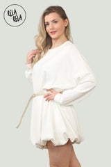 Belted Bubble Hem Mini Dress in White
