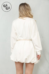 Belted Bubble Hem Mini Dress in White