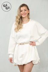 Belted Bubble Hem Mini Dress in White