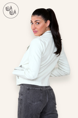 Faux Leather Biker Jacket Padded Shoulder Outwear Coat Cream Back