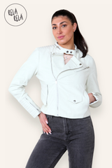 Faux Leather Biker Jacket Padded Shoulder Outwear Coat Cream Detail
