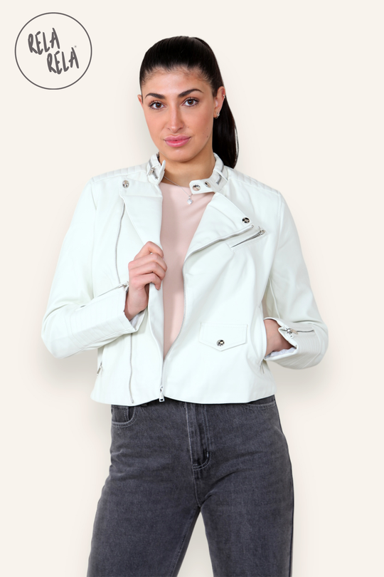 Faux Leather Biker Jacket Padded Shoulder Outwear Coat in Cream