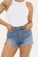 Stretchy Mid Waisted Distressed Raw Hem Denim Shorts