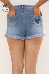 Stretchy Mid Waisted Distressed Raw Hem Denim Shorts