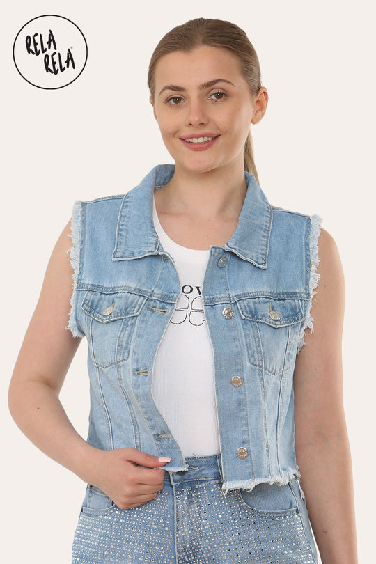 Cropped Denim Waistcoat With Raw Hem