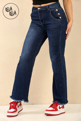 Petite Friendly Viral Stretchy Soft Dad Fit Raw Hem Jeans in Denim Blue